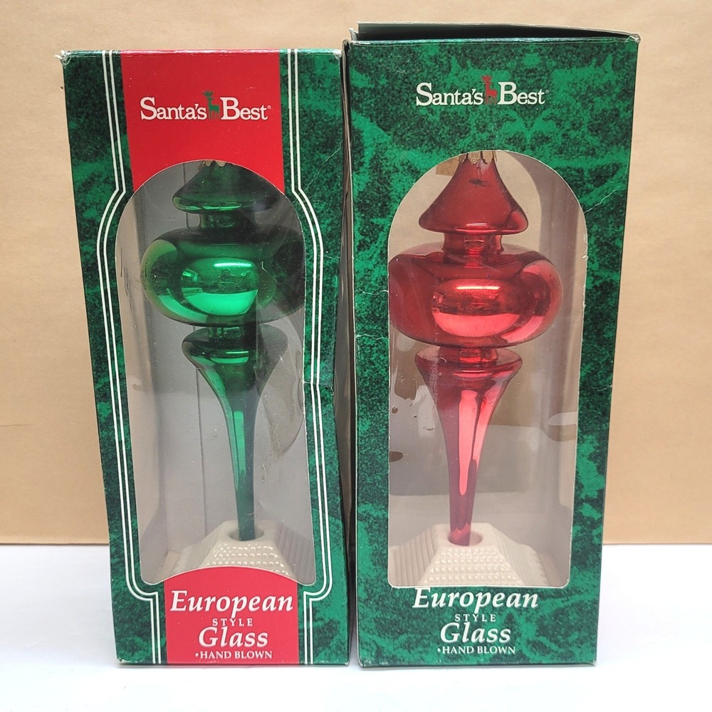 Vintage 1995 Santa's Best European Style Glass Ornaments Red Green Set of 2